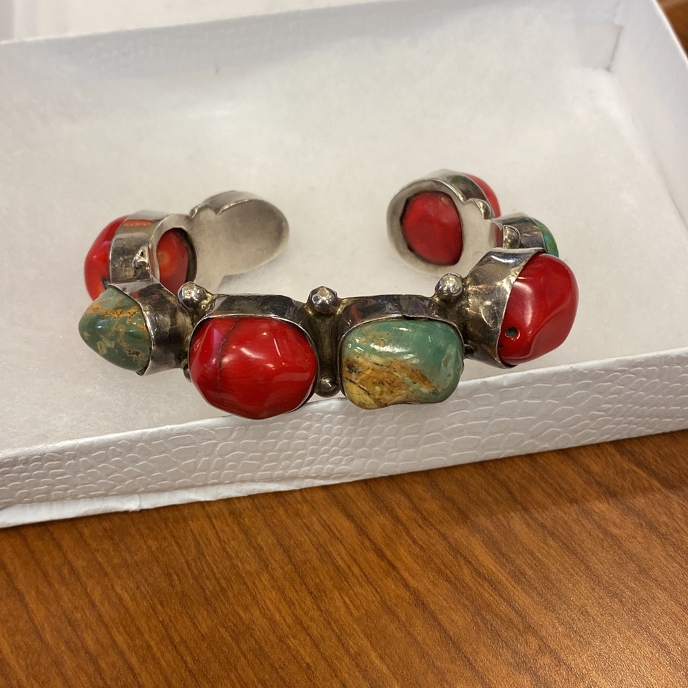 Turquoise and Coral Cuff Bracelet Unsigned